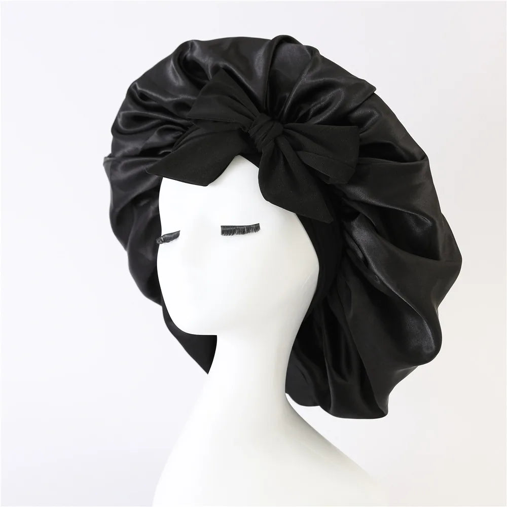 Bonnet de sommeil pour femmes en satin uni, bande élastique extensible avec lien, bonnet de douche de nuit ajustable pour protéger les cheveux.