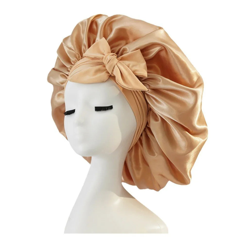 Bonnet de sommeil pour femmes en satin uni, bande élastique extensible avec lien, bonnet de douche de nuit ajustable pour protéger les cheveux.