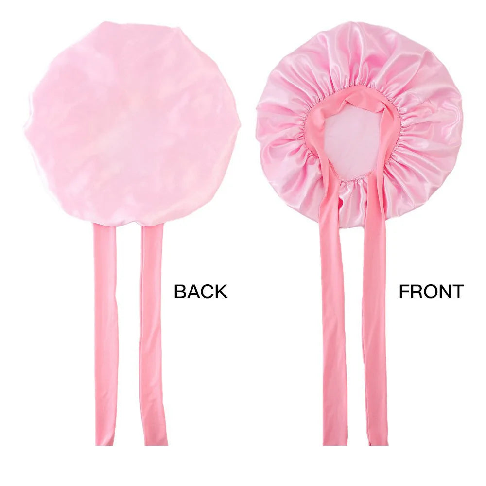 Bonnet de sommeil pour femmes en satin uni, bande élastique extensible avec lien, bonnet de douche de nuit ajustable pour protéger les cheveux.