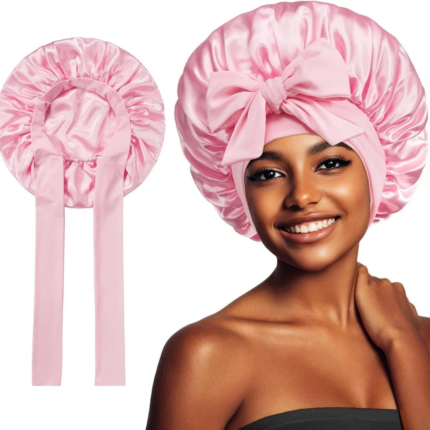 Bonnet de sommeil pour femmes en satin uni, bande élastique extensible avec lien, bonnet de douche de nuit ajustable pour protéger les cheveux.