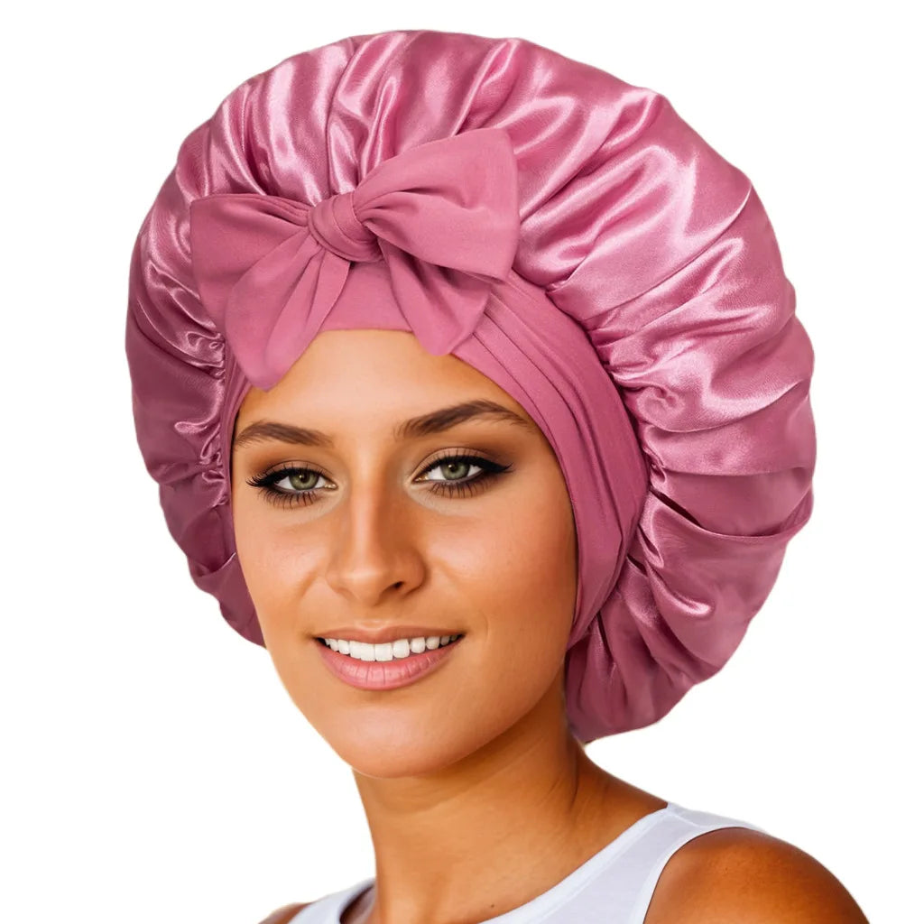 Bonnet de sommeil pour femmes en satin uni, bande élastique extensible avec lien, bonnet de douche de nuit ajustable pour protéger les cheveux.
