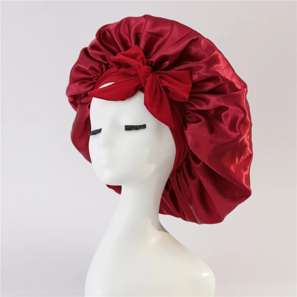 Bonnet de sommeil pour femmes en satin uni, bande élastique extensible avec lien, bonnet de douche de nuit ajustable pour protéger les cheveux.