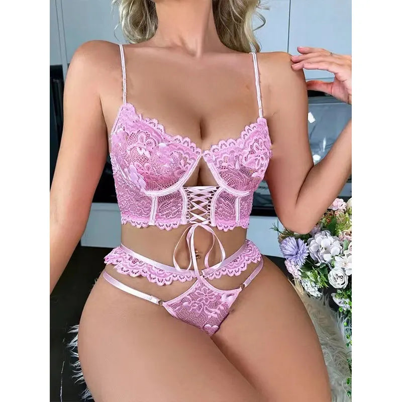 Ensemble Lingerie Érotique Femme 2 Pièces – Soutien-gorge Transparent à Armatures et Dentelle + Culotte Sexy
