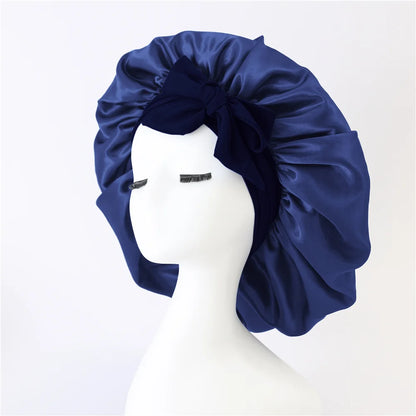 Bonnet de sommeil pour femmes en satin uni, bande élastique extensible avec lien, bonnet de douche de nuit ajustable pour protéger les cheveux.