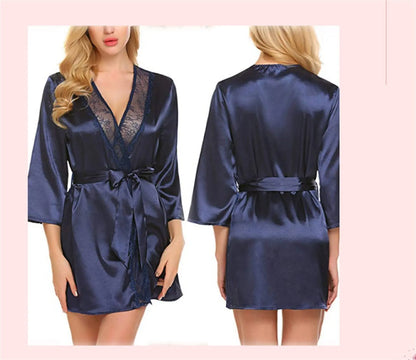 Peignoir nuisette sexy pour femmes en satin uni, avec bordure en dentelle, col en V plongeant, lingerie, pyjama, kimono de nuit sexy.