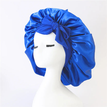 Bonnet de sommeil pour femmes en satin uni, bande élastique extensible avec lien, bonnet de douche de nuit ajustable pour protéger les cheveux.