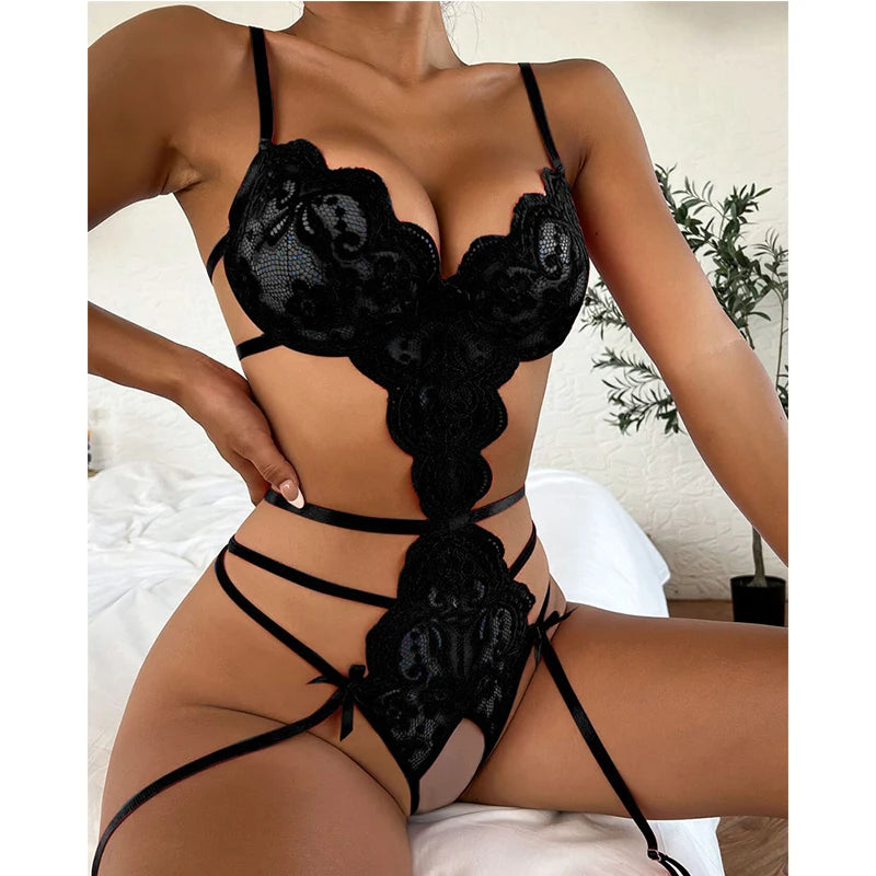 Lingerie Exotique Sexy Femme – Babydoll en Dentelle Florale, Ouvert à l’Entrejambe, Ensemble Soutien-gorge + Nuisette, Taille Plus, Noeud Décoratif, Pyjama de Nuit Érotique