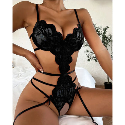 Lingerie Exotique Sexy Femme – Babydoll en Dentelle Florale, Ouvert à l’Entrejambe, Ensemble Soutien-gorge + Nuisette, Taille Plus, Noeud Décoratif, Pyjama de Nuit Érotique