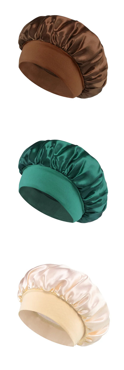 Bonnet de sommeil en satin pour femmes, bonnet en soie pour soins des cheveux, bonnet uni à large bord avec bande élastique douce