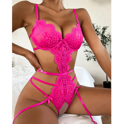 Lingerie Exotique Sexy Femme – Babydoll en Dentelle Florale, Ouvert à l’Entrejambe, Ensemble Soutien-gorge + Nuisette, Taille Plus, Noeud Décoratif, Pyjama de Nuit Érotique