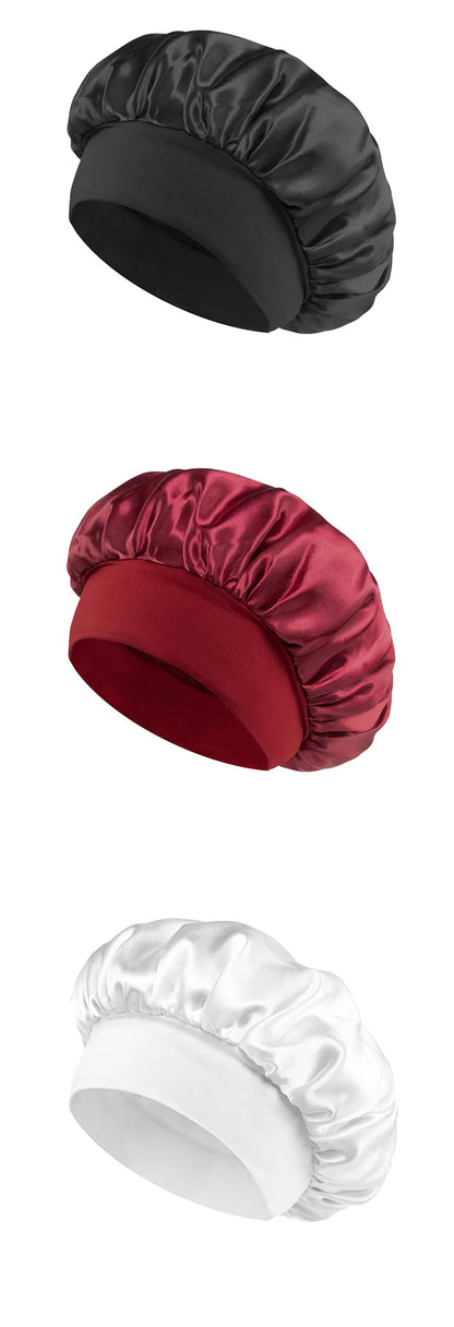Bonnet de sommeil en satin pour femmes, bonnet en soie pour soins des cheveux, bonnet uni à large bord avec bande élastique douce