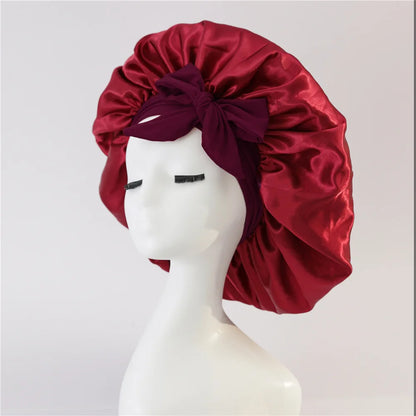 Bonnet de sommeil pour femmes en satin uni, bande élastique extensible avec lien, bonnet de douche de nuit ajustable pour protéger les cheveux.
