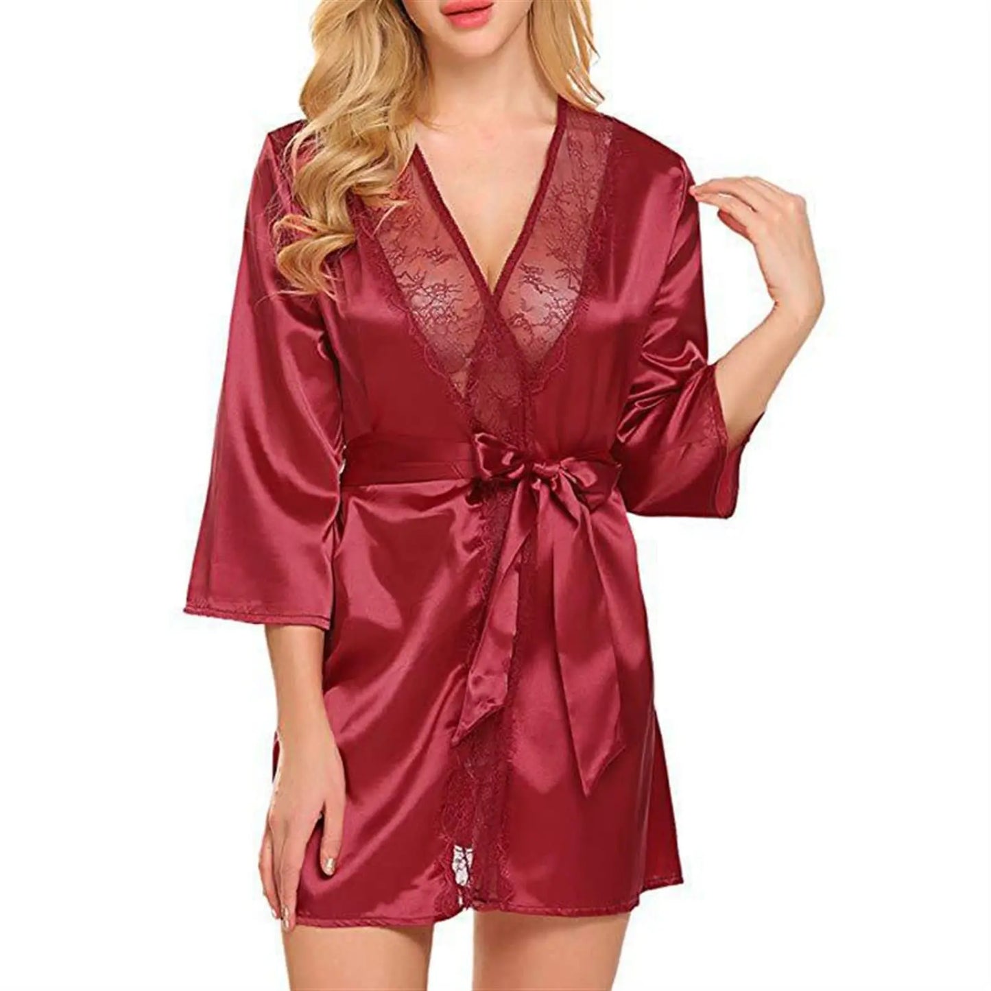 Peignoir nuisette sexy pour femmes en satin uni, avec bordure en dentelle, col en V plongeant, lingerie, pyjama, kimono de nuit sexy.