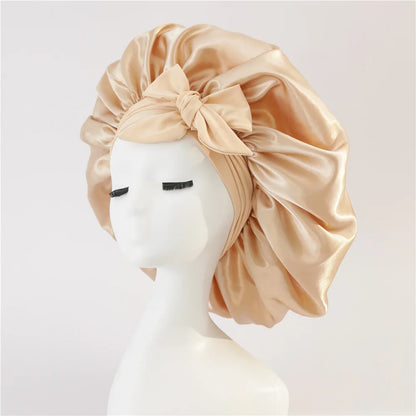 Bonnet de sommeil pour femmes en satin uni, bande élastique extensible avec lien, bonnet de douche de nuit ajustable pour protéger les cheveux.