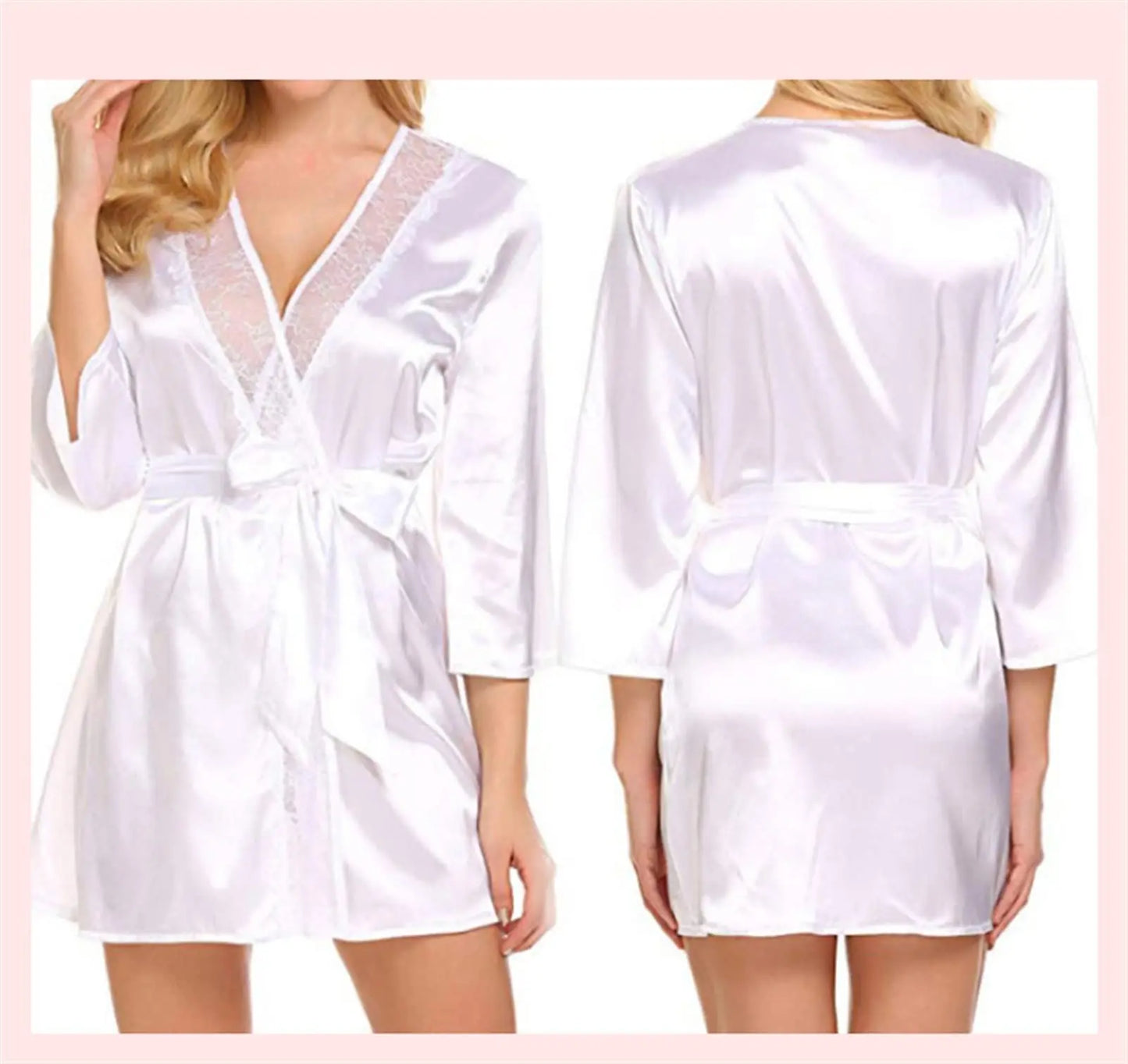 Peignoir nuisette sexy pour femmes en satin uni, avec bordure en dentelle, col en V plongeant, lingerie, pyjama, kimono de nuit sexy.