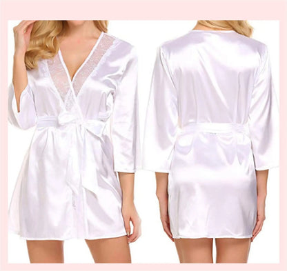 Peignoir nuisette sexy pour femmes en satin uni, avec bordure en dentelle, col en V plongeant, lingerie, pyjama, kimono de nuit sexy.