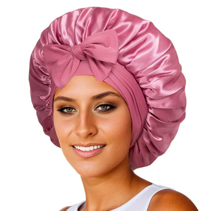 Bonnet de sommeil pour femmes en satin uni, bande élastique extensible avec lien, bonnet de douche de nuit ajustable pour protéger les cheveux.
