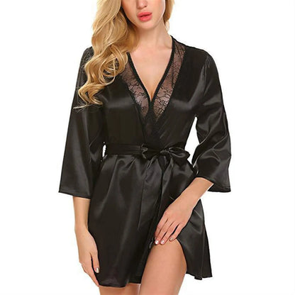 Peignoir nuisette sexy pour femmes en satin uni, avec bordure en dentelle, col en V plongeant, lingerie, pyjama, kimono de nuit sexy.