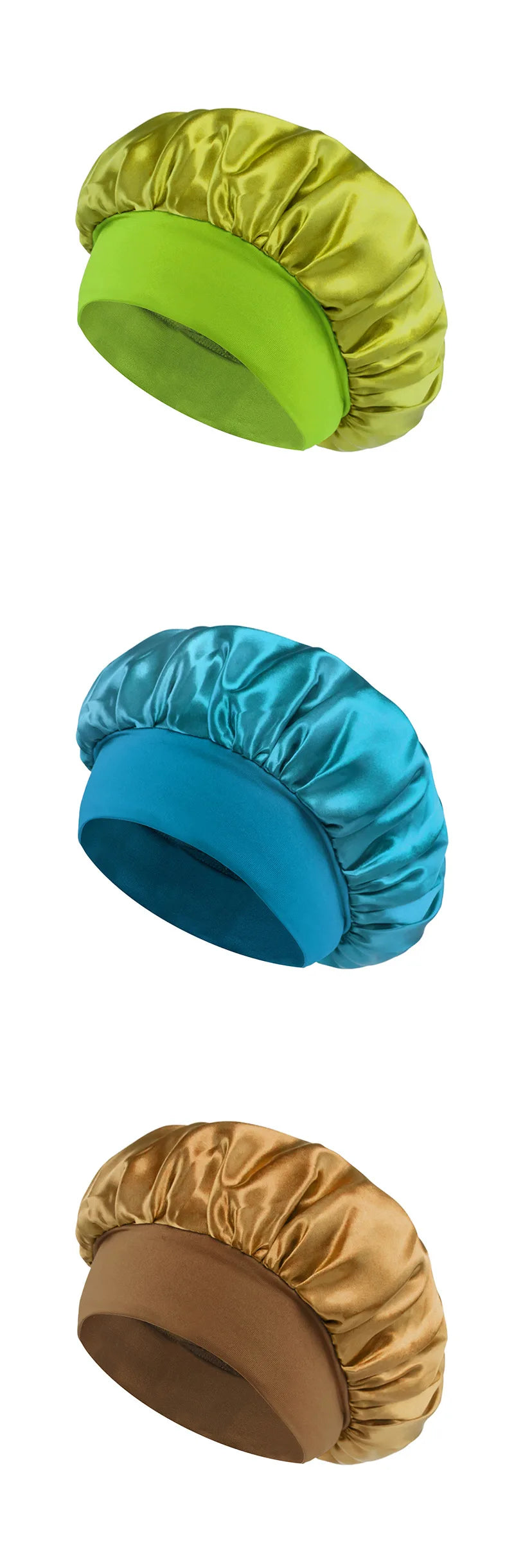 Bonnet de sommeil en satin pour femmes, bonnet en soie pour soins des cheveux, bonnet uni à large bord avec bande élastique douce