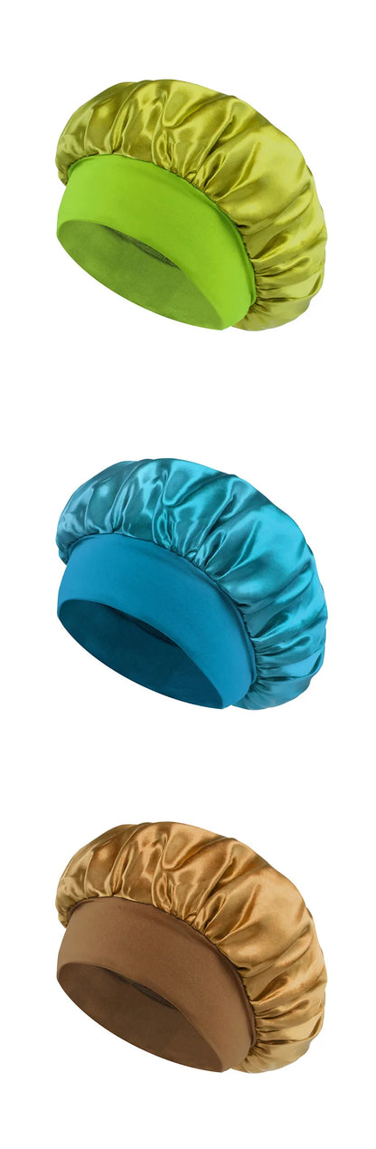 Bonnet de sommeil en satin pour femmes, bonnet en soie pour soins des cheveux, bonnet uni à large bord avec bande élastique douce