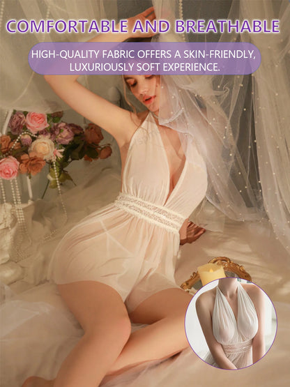 Nuisette Lingerie Femme Sexy – Dentelle et Tulle, Dos Nu, Décolleté Plongeant, Confortable pour Toutes Saisons