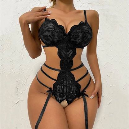 Lingerie Exotique Sexy Femme – Babydoll en Dentelle Florale, Ouvert à l’Entrejambe, Ensemble Soutien-gorge + Nuisette, Taille Plus, Noeud Décoratif, Pyjama de Nuit Érotique