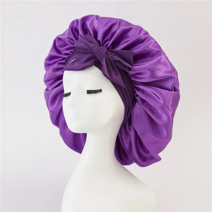 Bonnet de sommeil pour femmes en satin uni, bande élastique extensible avec lien, bonnet de douche de nuit ajustable pour protéger les cheveux.