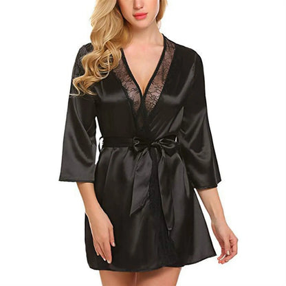 Peignoir nuisette sexy pour femmes en satin uni, avec bordure en dentelle, col en V plongeant, lingerie, pyjama, kimono de nuit sexy.