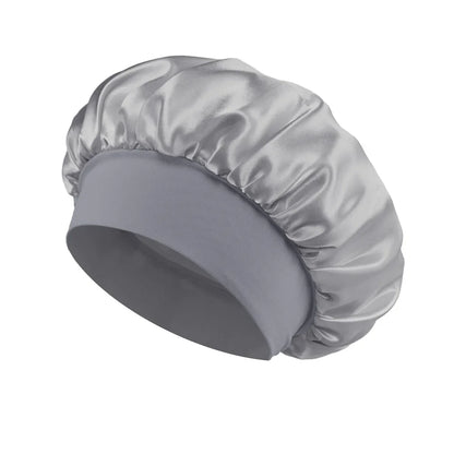 Bonnet de sommeil en satin pour femmes, bonnet en soie pour soins des cheveux, bonnet uni à large bord avec bande élastique douce