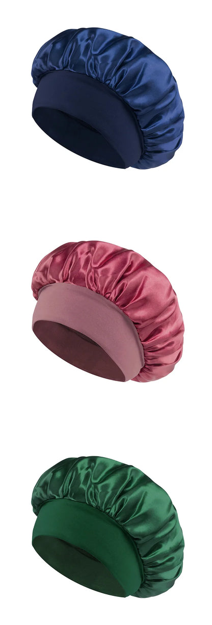 Bonnet de sommeil en satin pour femmes, bonnet en soie pour soins des cheveux, bonnet uni à large bord avec bande élastique douce