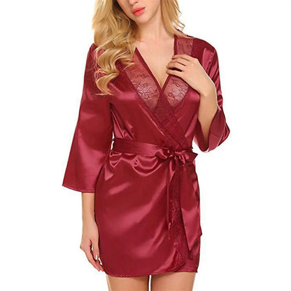 Peignoir nuisette sexy pour femmes en satin uni, avec bordure en dentelle, col en V plongeant, lingerie, pyjama, kimono de nuit sexy.