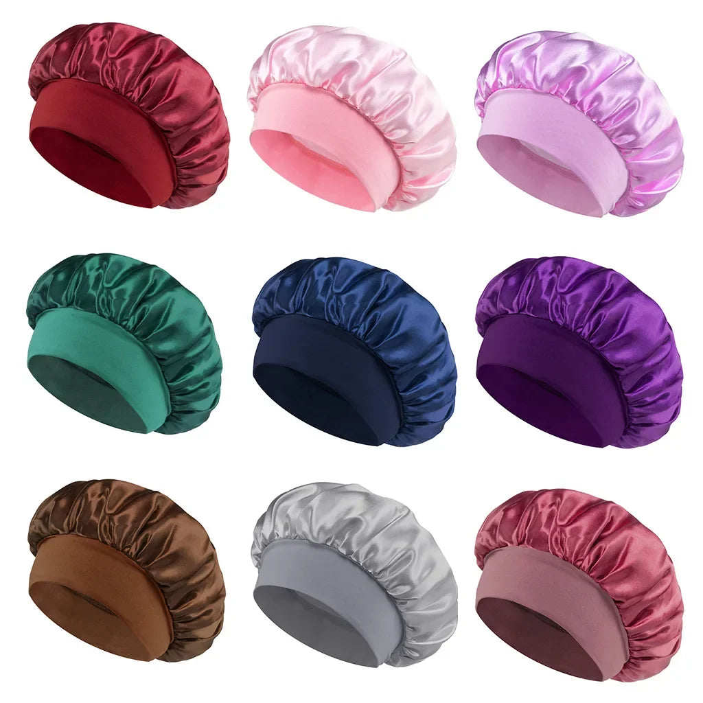 Bonnet de sommeil en satin pour femmes, bonnet en soie pour soins des cheveux, bonnet uni à large bord avec bande élastique douce