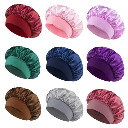 Bonnet de sommeil en satin pour femmes, bonnet en soie pour soins des cheveux, bonnet uni à large bord avec bande élastique douce