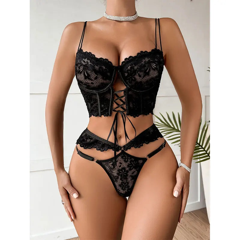 Ensemble Lingerie Érotique Femme 2 Pièces – Soutien-gorge Transparent à Armatures et Dentelle + Culotte Sexy