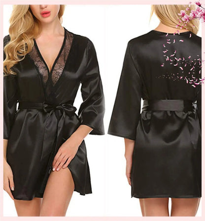 Peignoir nuisette sexy pour femmes en satin uni, avec bordure en dentelle, col en V plongeant, lingerie, pyjama, kimono de nuit sexy.