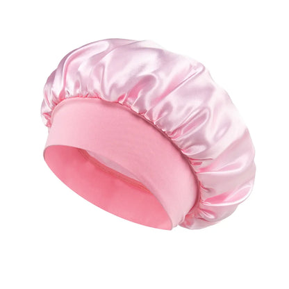 Bonnet de sommeil en satin pour femmes, bonnet en soie pour soins des cheveux, bonnet uni à large bord avec bande élastique douce