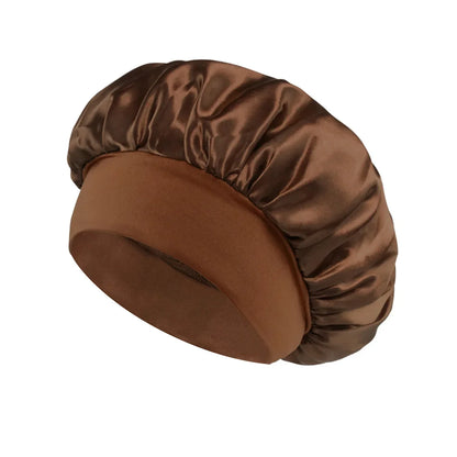 Bonnet de sommeil en satin pour femmes, bonnet en soie pour soins des cheveux, bonnet uni à large bord avec bande élastique douce