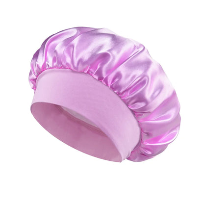 Bonnet de sommeil en satin pour femmes, bonnet en soie pour soins des cheveux, bonnet uni à large bord avec bande élastique douce