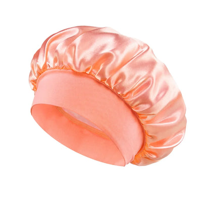 Bonnet de sommeil en satin pour femmes, bonnet en soie pour soins des cheveux, bonnet uni à large bord avec bande élastique douce