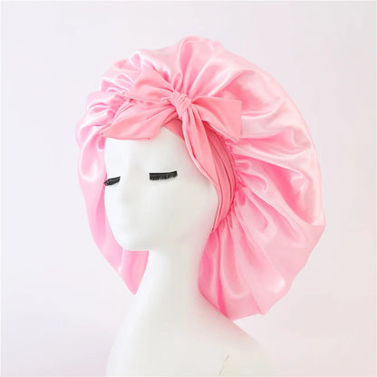 Bonnet de sommeil pour femmes en satin uni, bande élastique extensible avec lien, bonnet de douche de nuit ajustable pour protéger les cheveux.