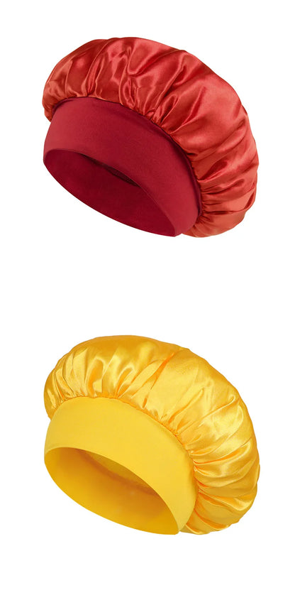 Bonnet de sommeil en satin pour femmes, bonnet en soie pour soins des cheveux, bonnet uni à large bord avec bande élastique douce