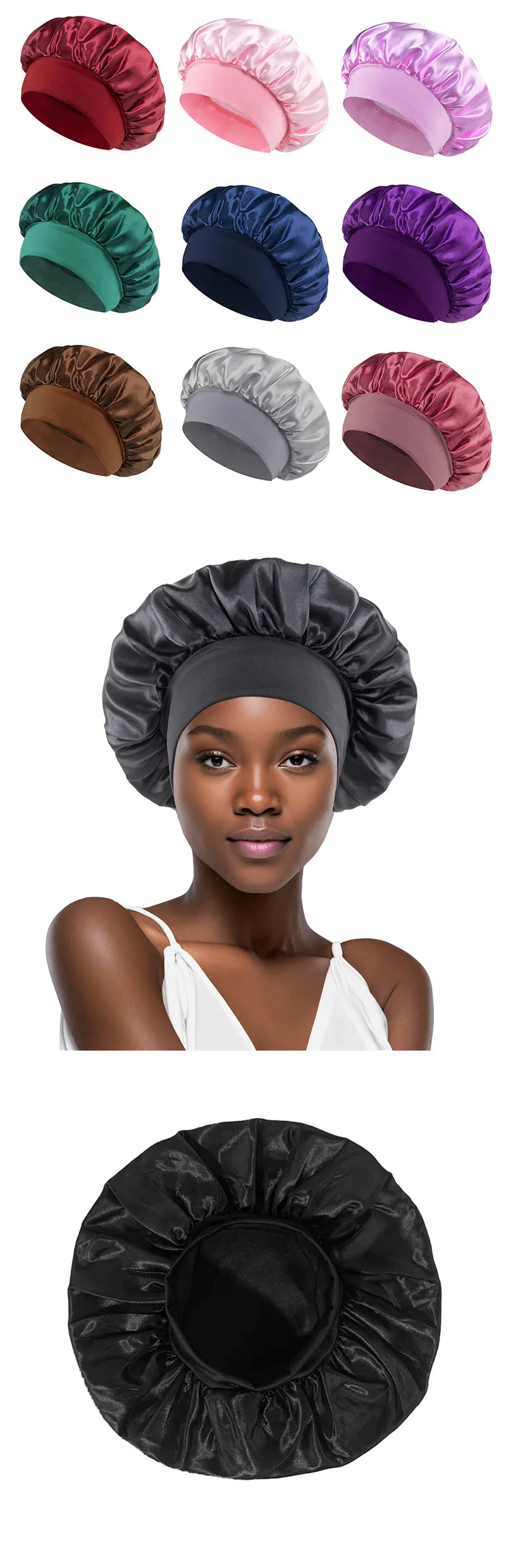 Bonnet de sommeil en satin pour femmes, bonnet en soie pour soins des cheveux, bonnet uni à large bord avec bande élastique douce
