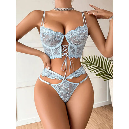 Ensemble Lingerie Érotique Femme 2 Pièces – Soutien-gorge Transparent à Armatures et Dentelle + Culotte Sexy